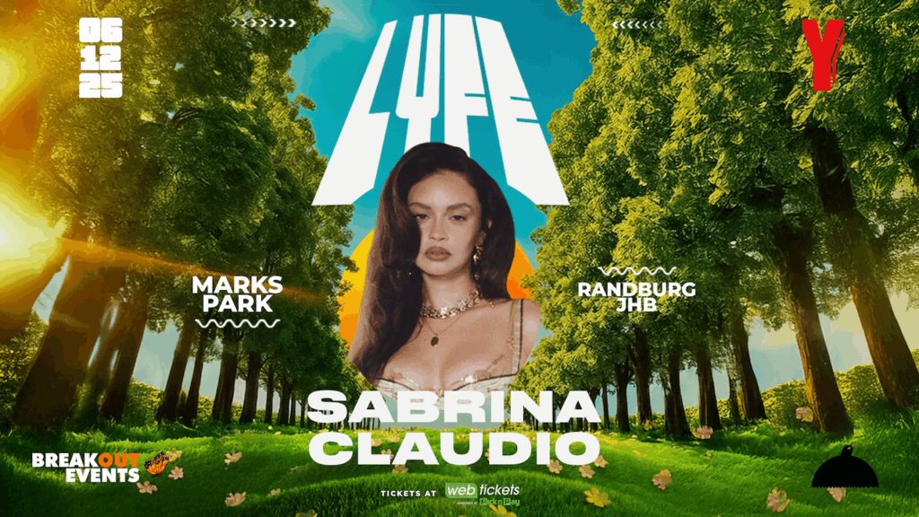 A poster featuring Sabrina Claudio's face with trees and sky background