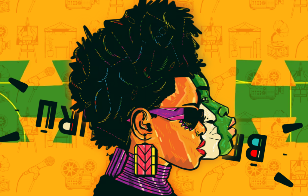 A brightly coloured poster with yellow, green and purple elements