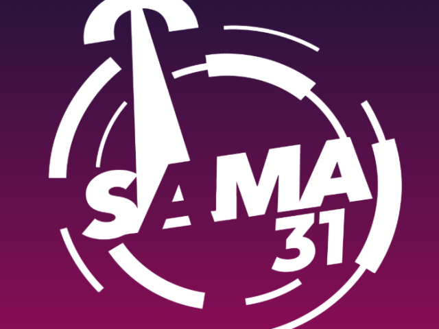 This is image is the logo of the SA Music Awards. It has a pink and purple background
